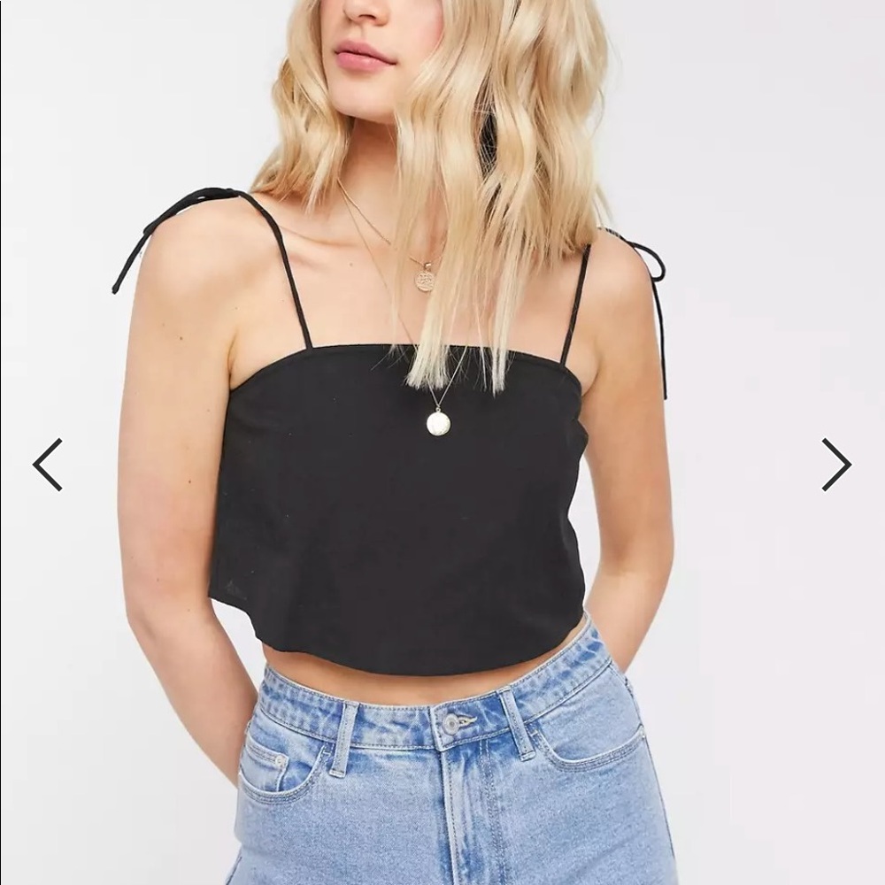 ASOS DESIGN Black Linen Square Neck Cami with Tie Shoulder Size 16